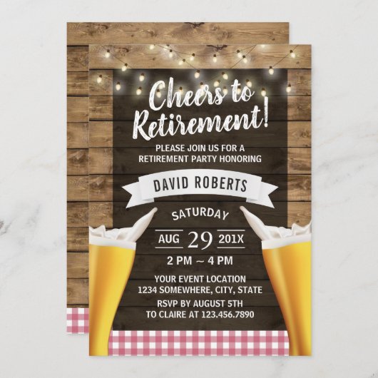 Cheers Beers String Lights Rustic Wood Retirement Kaart (Voorkant / Achterkant)