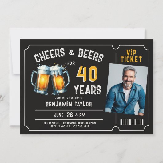 Cheers Beers Ticket Mannen Zwart 40e Verjaardag Fo Kaart (Voorkant)