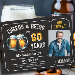 Cheers Beers Ticket Mannen Zwart 60e Verjaardag Fo Kaart<br><div class="desc">Op zoek naar mannen 60e verjaardag ideeën voor mannen? Mok Deze rustieke verjaardagsfeestuitnodigingen met een bierfeestthema, met een illustratie van twee bieruitnodigingen, de titel "Cheers and Beers", een ticket lijst en een fotosjabloon, zijn slechts het... ticket om uw man in stijl te vieren. Deze uitnodigingen voor 60e verjaardagsfeestjes voor mannen...</div>