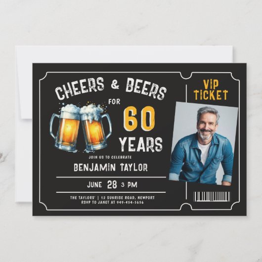 Cheers Beers Ticket Mannen Zwart 60e Verjaardag Fo Kaart (Voorkant)