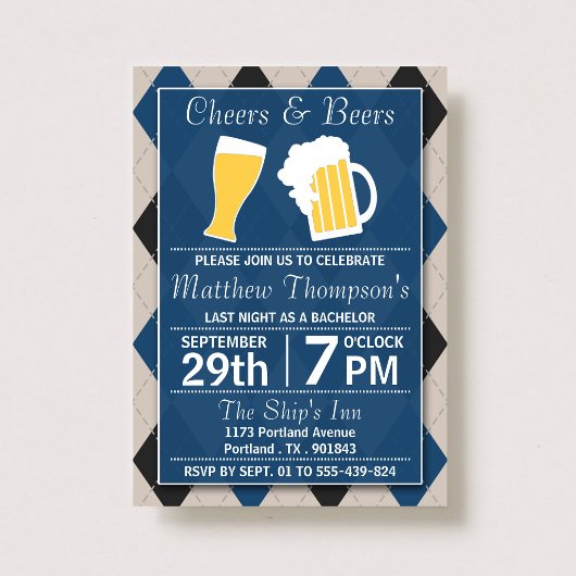 Cheers & Beers Trendy Blue Bachelor Party Kaart