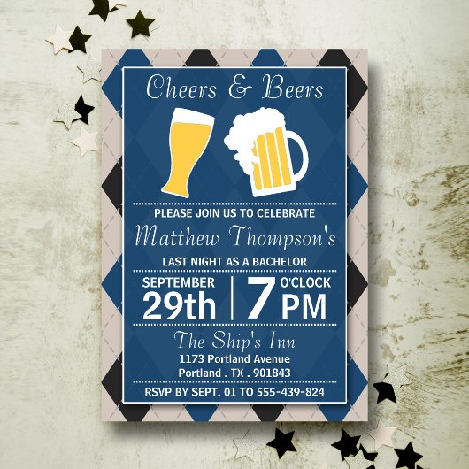 Cheers & Beers Trendy Blue Bachelorfeest Kaart