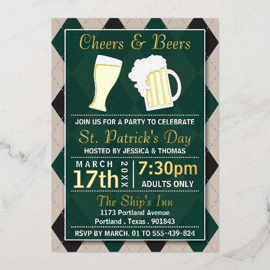 Cheers & Beers Trendy St. Patrick's Day Party Real Folie Uitnodiging (Voorkant)