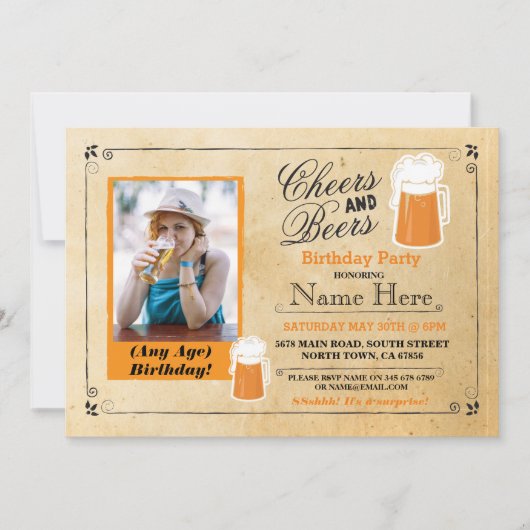 Cheers & Beers Verjaardagsfeest Bier Foto Uitnodig Kaart (Voorkant)