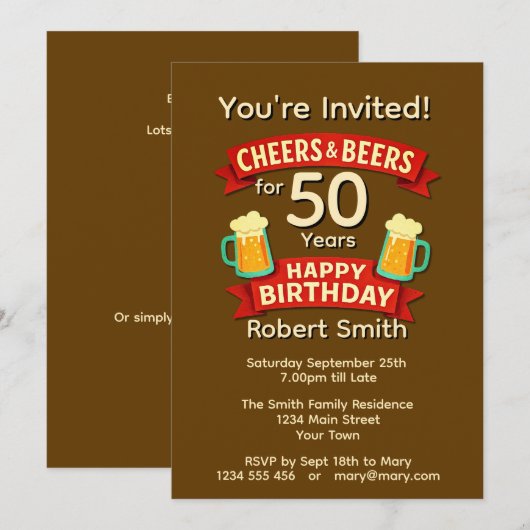 Cheers & Beers voor 50 jaar Happy Birthday Kaart (Voorkant / Achterkant)