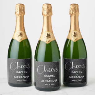 CHEERS Black Glitter Wedding Champagne Labels Sparkling Wijnetiket