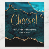 Cheers Blauwgroen Gold Glitter Agate Marble Weddin Wijn Etiket (Enkel label)