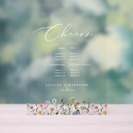 Cheers Boho Colorful Wild Flowers Wedding Bar Menu Acryl Bord