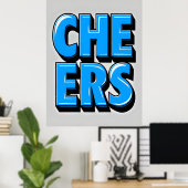 CHEERS Bold Blue Text Poster – Retro Pop Style (Thuiskantoor)