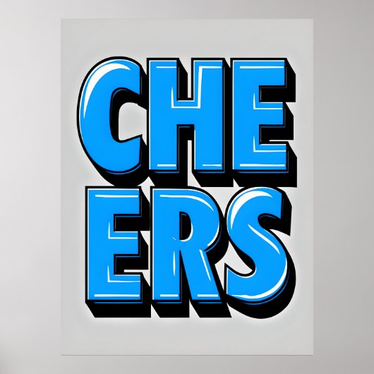 CHEERS Bold Blue Text Poster – Retro Pop Style (Voorkant)