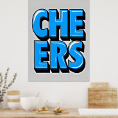 CHEERS Bold Blue Text Poster – Retro Pop Style (Keuken)