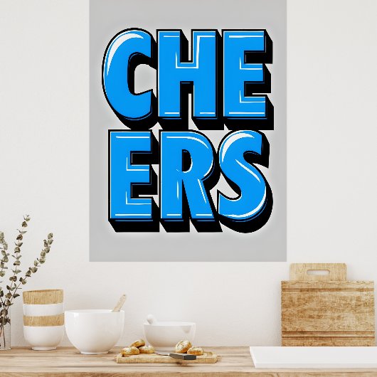 CHEERS Bold Blue Text Poster – Retro Pop Style (Keuken)