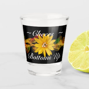 Cheers & Bottomes Up Yellow Sunflower op zwart Shot Glas