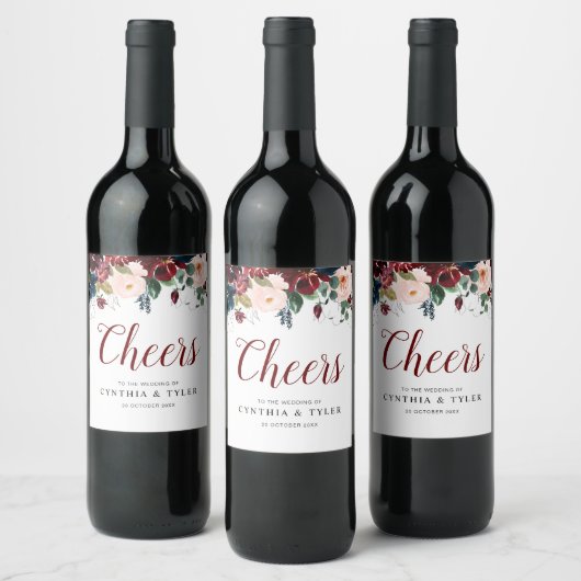CHEERS | Bourgogne & blozen bloemenbruiloft Wijn Etiket (Flessen)
