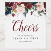 CHEERS | Bourgogne & blozen bloemenbruiloft Wijn Etiket (Enkel label)