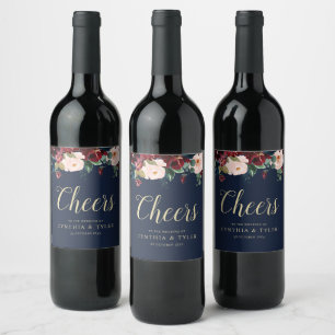 CHEERS   Bourgondische & marineblauwe bloemenbruil Wijn Etiket