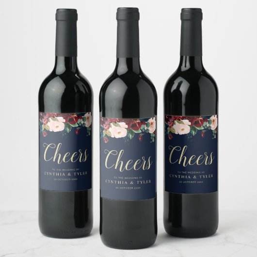 CHEERS | Bourgondische & marineblauwe bloemenbruil Wijn Etiket (Flessen)