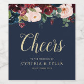 CHEERS | Bourgondische & marineblauwe bloemenbruil Wijn Etiket (Enkel label)