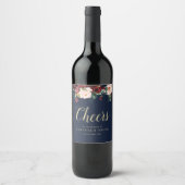 CHEERS | Bourgondische & marineblauwe bloemenbruil Wijn Etiket (Voorkant)