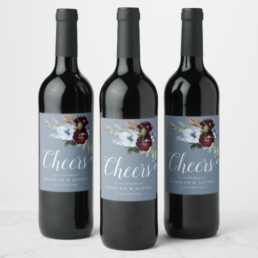 CHEERS | Bourgondische stoffige blauwe bloemenbrui Wijn Etiket (Flessen)