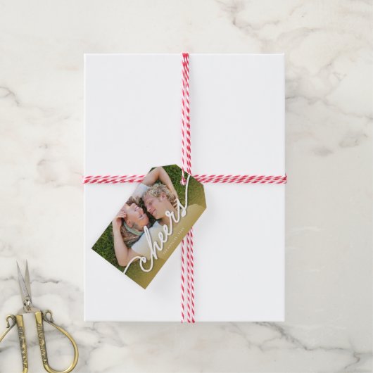 Cheers Calligrafie Script Gold Ombre Photo Holiday Cadeaulabel (Met Touw)