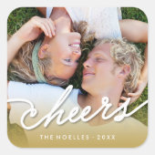 Cheers Calligrafie Script Gold Ombre Photo Holiday Vierkante Sticker (Voorkant)