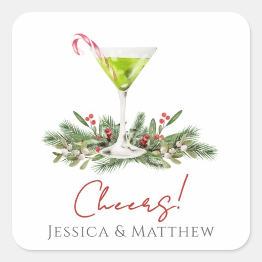 Cheers Candy Cane Martini Cocktail Koppels Vierkante Sticker (Voorkant)