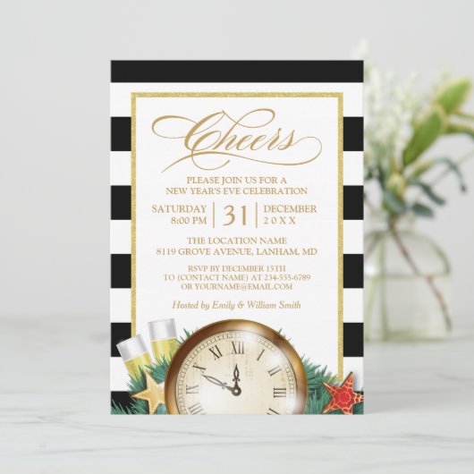 Cheers Champagne Clock Stripes New Years Eve Party Kaart (Staand voorkant)