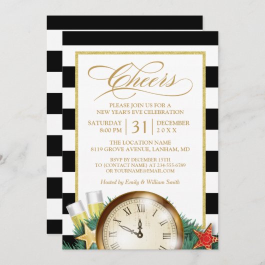 Cheers Champagne Clock Stripes New Years Eve Party Kaart (Voorkant / Achterkant)