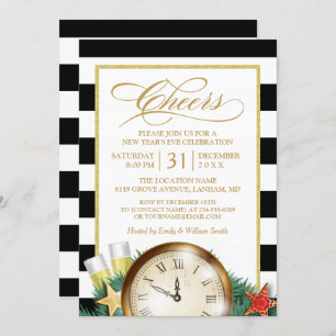 Cheers Champagne Clock Stripes New Years Eve Party Kaart