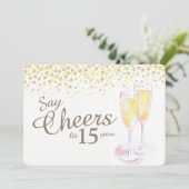 Cheers champagne glazen 15e verjaardag kaart (Staand voorkant)