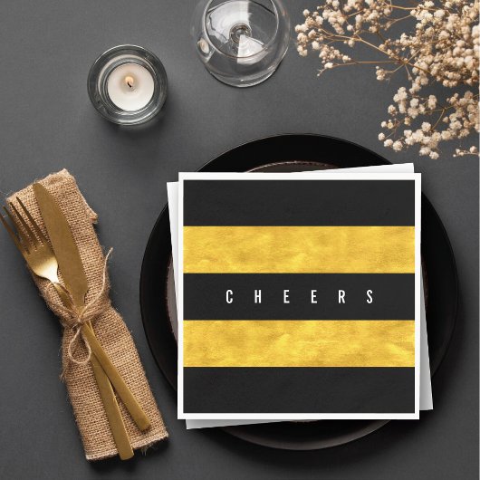 Cheers Chic Gold Foil Black Stripes Holiday Servet