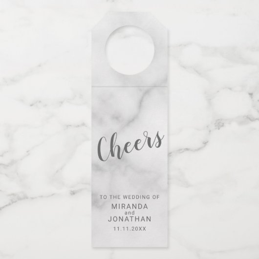 'Cheers' Classy Elegant Script Marmeren bruiloft Flessenhanger (Voorkant)