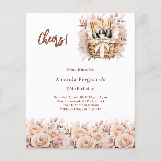 Cheers cream rozen bloemen verjaardagsuitnodiging (Voorkant)