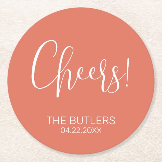 Cheers! Custom Terracotta Bruiloft Papier Onderzet Ronde Kartonnen Onderzetter (Voorkant)