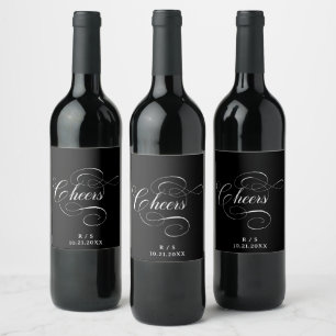 Cheers Elegant Black  Script Moody Wedding Wijn Etiket