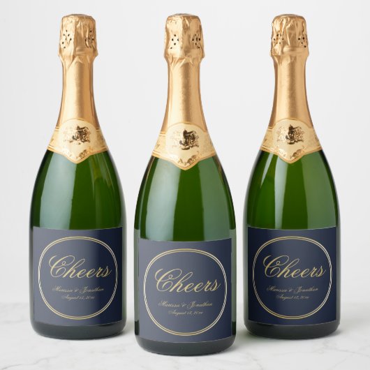 Cheers Elegant Blue Gold Calligraphy Wedding Sparkling Wijnetiket (Flessen)