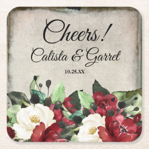 Cheers!   Elegant Dark Red Floral Gothic Wedding Kartonnen Onderzetters