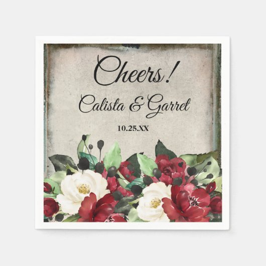 Cheers! | Elegant Dark Red Floral Gothic Wedding Servet (Voorkant)