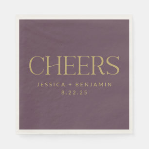 Cheers Elegant Eggplant Gold Typography Wedding Servet