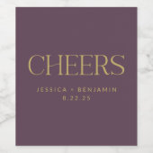 Cheers Elegant Eggplant Gold Typography Wedding Wijn Etiket (Enkel label)