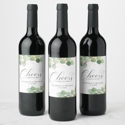 Cheers Elegant Eucalyptus Waterverf Wedding Wijn Etiket (Flessen)