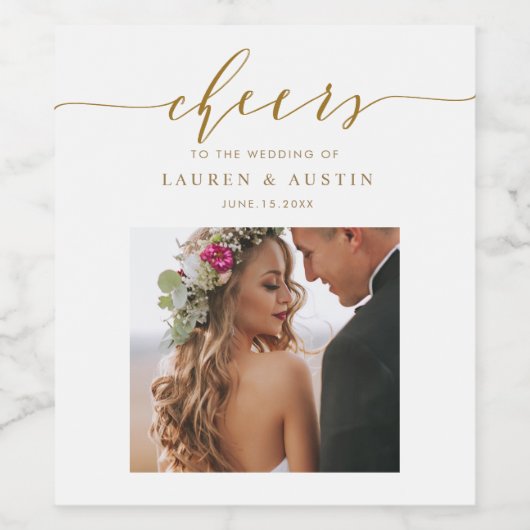 Cheers Elegant Gold Script Photo Wedding Wijn Etiket (Enkel label)