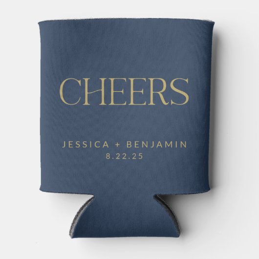 Cheers Elegant Navy Blue Gold Typography Wedding Blikjeskoeler (Voorkant)