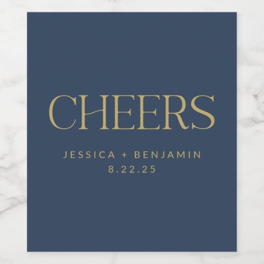 Cheers Elegant Navy Blue Gold Typography Wedding Wijn Etiket (Enkel label)