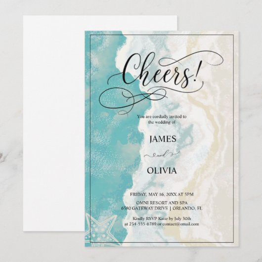 Cheers! Elegante strand bruiloft uitnodiging (Voorkant / Achterkant)