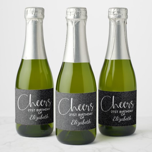 Cheers Faux Black GLITTER Birthday Mini Sparkling Wijnetiket (Flessen)