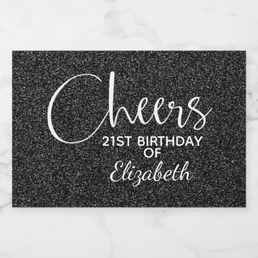 Cheers Faux Black GLITTER Birthday Mini Sparkling Wijnetiket (Enkel label)