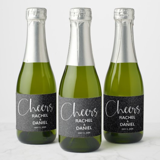Cheers Faux BLACK GLITTER Wedding Mini Sparkling Wijnetiket (Flessen)