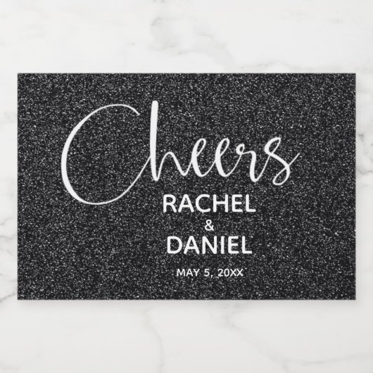 Cheers Faux BLACK GLITTER Wedding Mini Sparkling Wijnetiket (Enkel label)